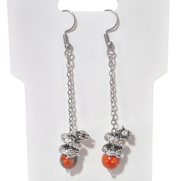 Handmade Dragon Dangle Teal Orange Earrings - Picture 1 of 3